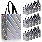 cabzymx 16 Pcs Twill LaserSmall Gift Bags Bulk, Silver Reusable Gift Bags with Bases, Unique Non-woven Goodie Bags for Valentines, Birthday, Wedding, Parties- 8 x 3.9 x 9.8 In
