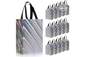 cabzymx 16 Pcs Twill LaserSmall Gift Bags Bulk, Silver Reusable Gift Bags with Bases, Unique Non-woven Goodie Bags for Valentines, Birthday, Wedding, Parties- 8 x 3.9 x 9.8 In