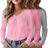 LessonZoo 3 Pack Girl's Long Sleeve Shirts, V Neck Casual Chest Ruched Kids Youth Layering Basic Tee 5-14Y