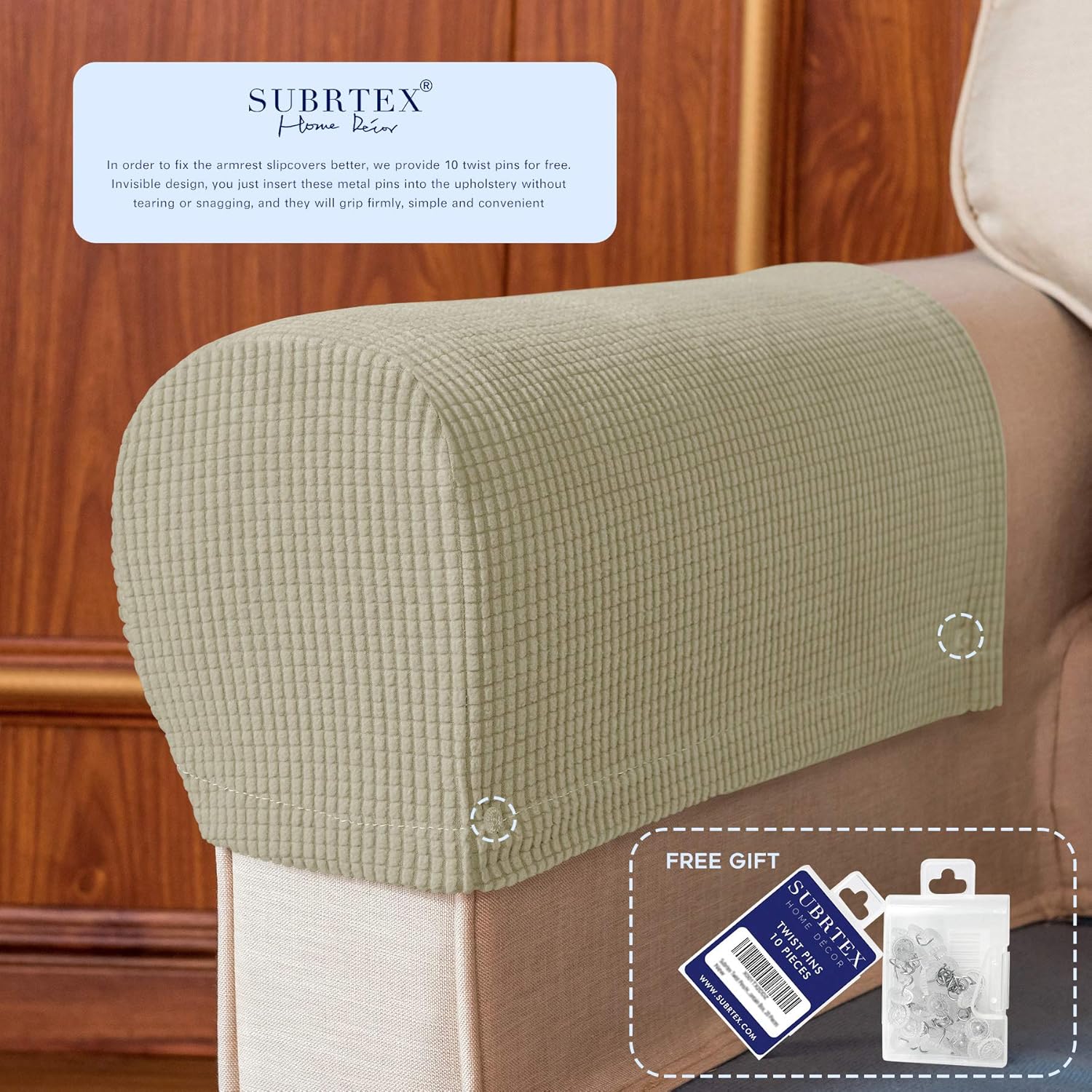 subrtex Spandex Stretch Fabric Armrest Covers Anti-Slip Furniture Protector Armchair Slipcovers for Recliner Sofa Set of 2 with Free Fixing Tools Twist Pins (Sand), 2pcs