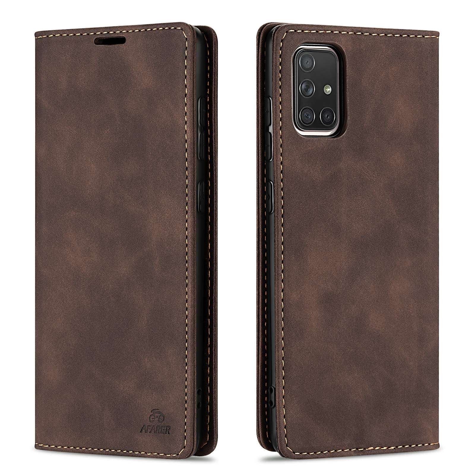AFARER Mobile Phone Case for Samsung Galaxy A51, with Magnetic Closure Flip Case, Wallet Foldable Leather Wallet Case, Shockproof Protection with Card Holder, Folding Stand - Coffee