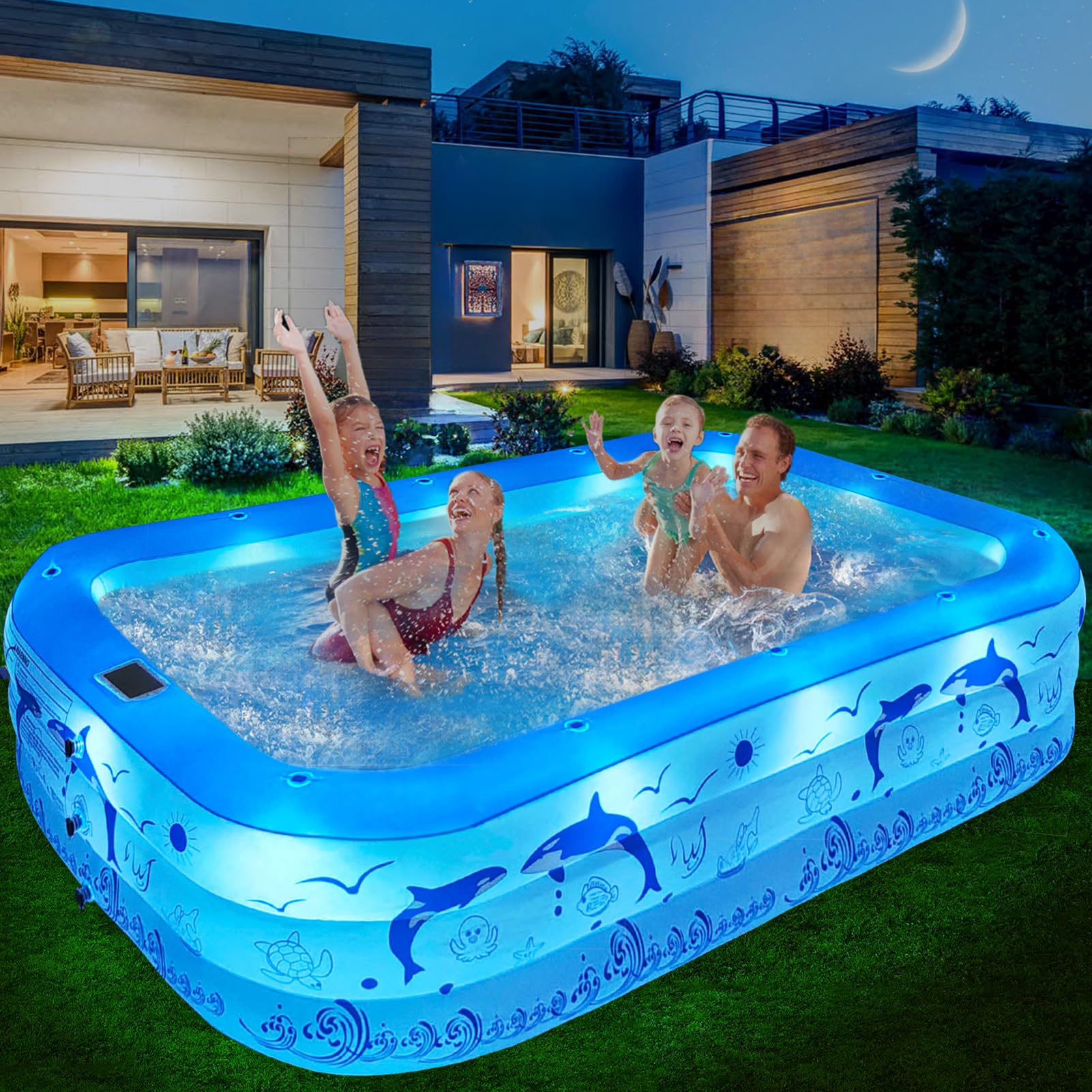Photo 1 of StarOcean 2026 Upgrade Inflatable Pool with Lights, Family Inflatable Swimming Pool for Kids,Adults,Blow Up Pool Solar Powered,Large Kiddie Pool,100"x63"x20"Oversized Thickened Pool for Backyard-Blue