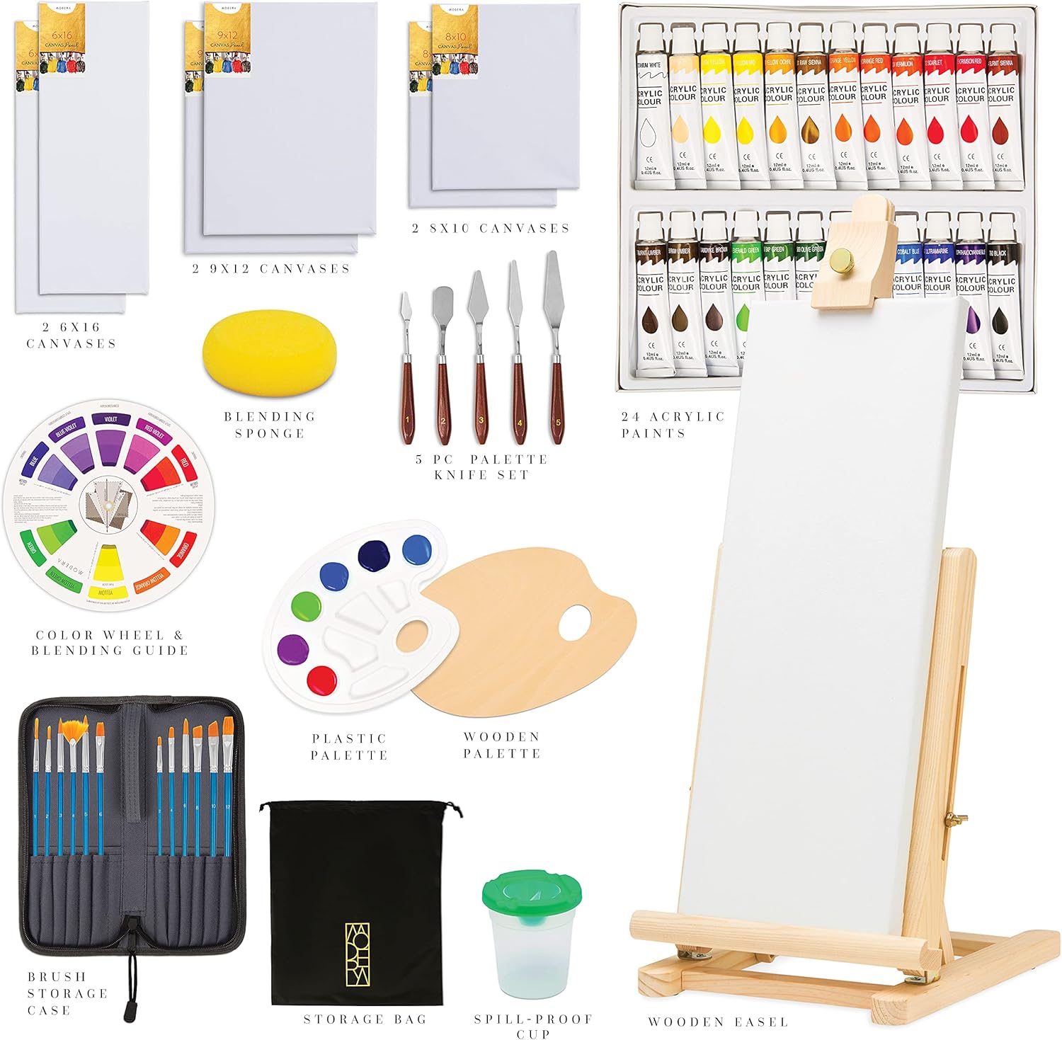 MODERA Premium Acrylic Art Paint Set | 55-Piece Professional Artist Painting Supplies Kit w/Wooden Easel, 24 Paints, 12 Brushes, 5 Knives, 2 Palettes, 6 Canvases & More | for Adults, Kids & Beginners