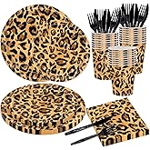 144PCS Leopard Print Party Supplies Cheetah Print Party Tableware Set Paper Plates Napkins Cups Cutlery for Birthday Shower Baby Shower Jungle Safari Theme Party Decorations Serve 24