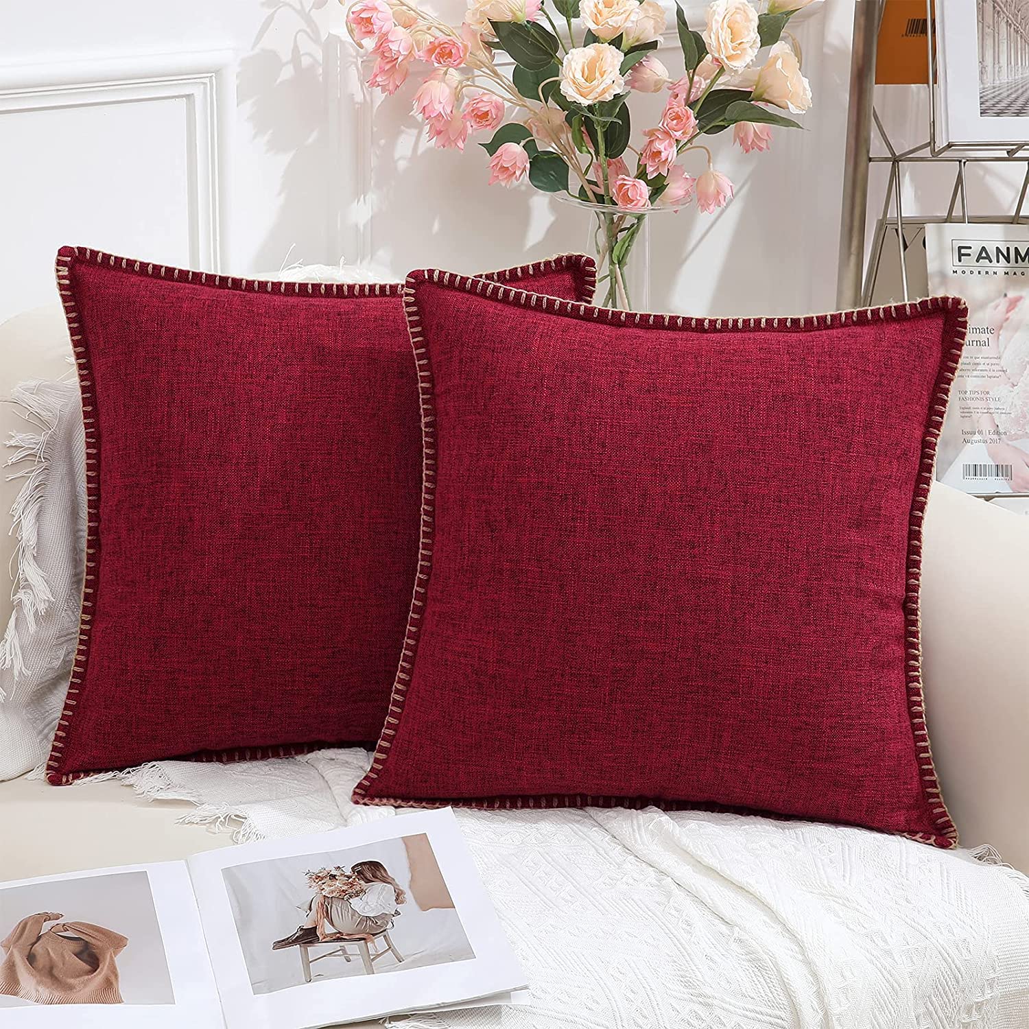 decorUhome Set of 2 Linen Cushion Covers 50X50cm,Decorative Outdoor Plain Vintage Cushion Covers with Stitched Edges, Square Farmhouse Neutral Pillow case 20x20 Inch for Sofa, Burgundy