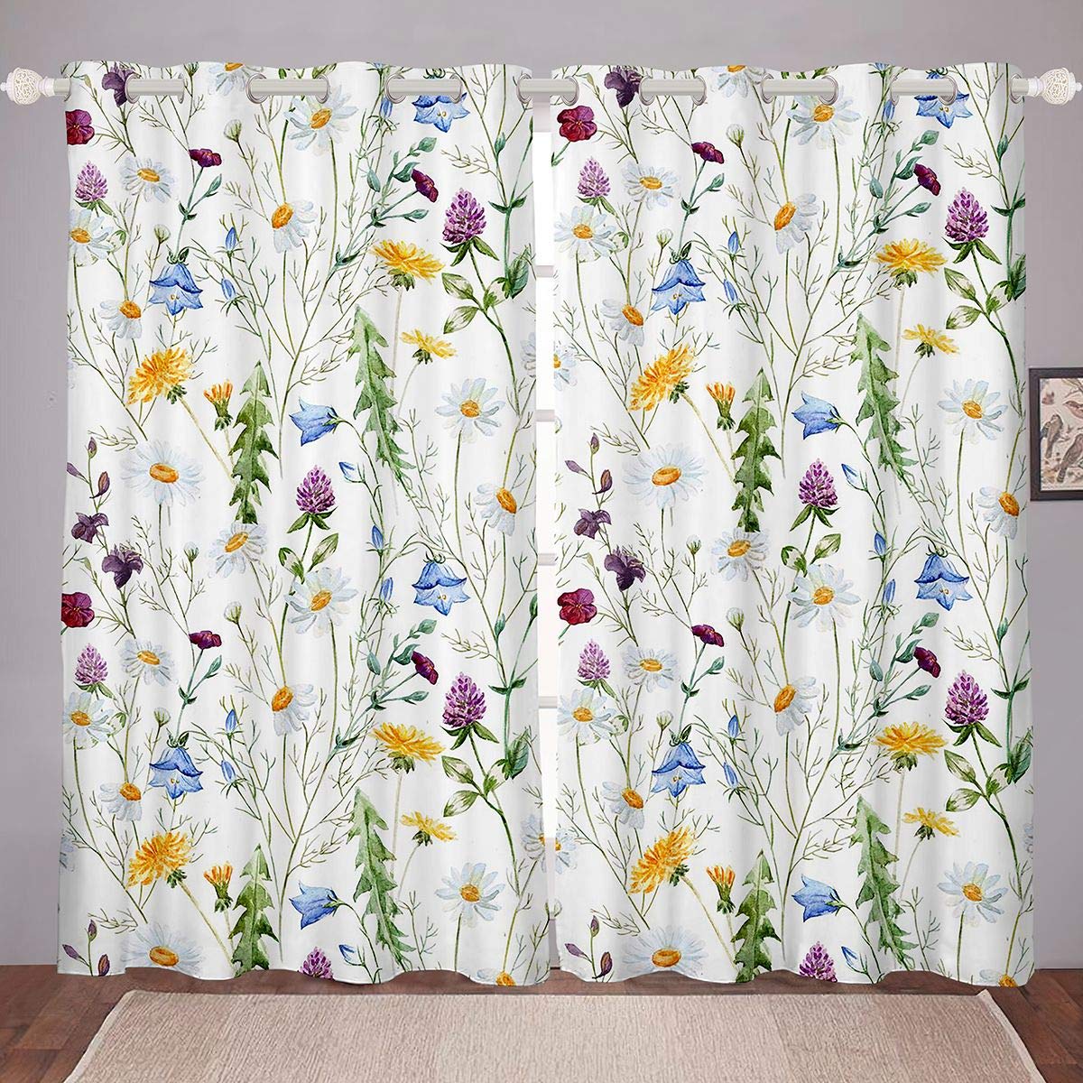 Homemissing Watercolor Chamomile Window Drapes For Girls Boys Children Clover Curtainsative Botanical Floral Window Treatments Blossom Wild Flowers Curtain Colorful W46*L72