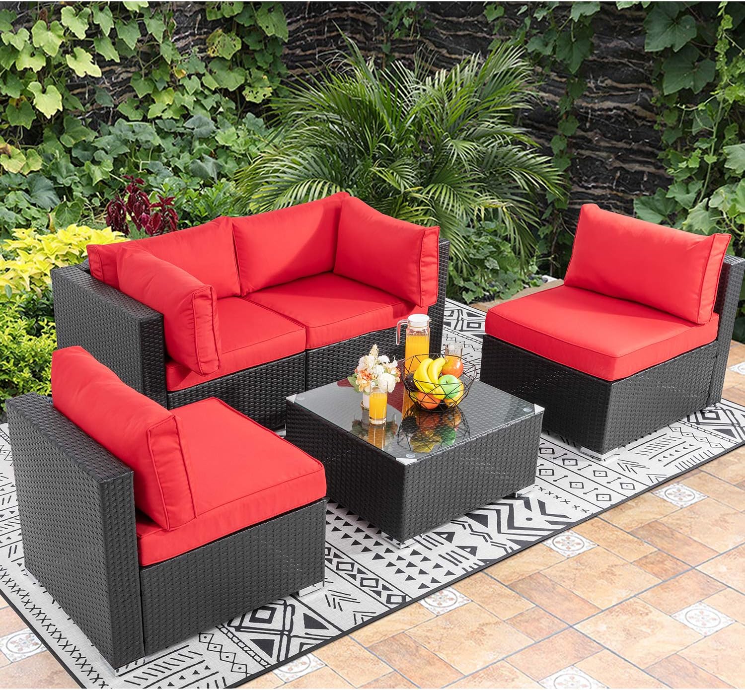 Walsunny 5pcs Patio Outdoor Furniture Sets, Low Back All-Weather Rattan Sectional Sofa with Tea Table&Washable Couch Cushions (Black Rattan) (Red) : Garden & Outdoor