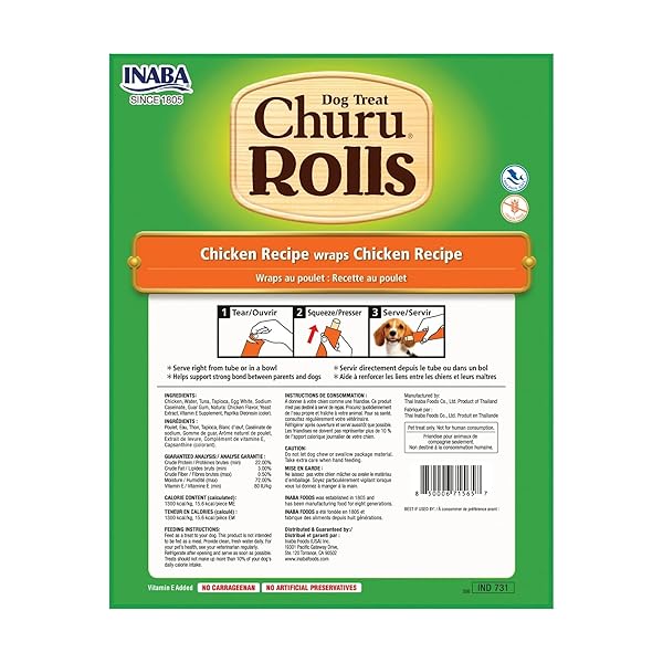 INABA CHURU ROLLS FOR DOGS, SOFT & CHEWY BAKED CHICKEN WRAPPED FILLED DOG TREATS, 0.42 OUNCES EACH ROLL, 8 ROLLS TOTAL, CHICKEN RECIPE