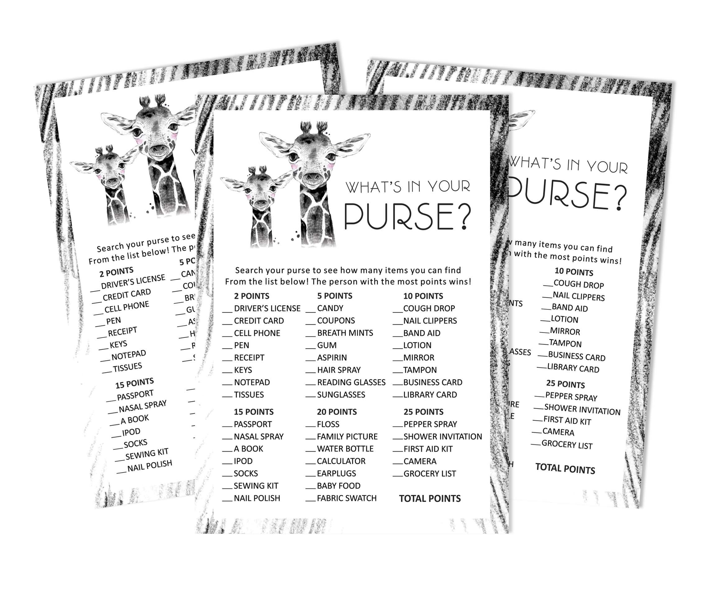 Inkdotpot 50 Sheets What's In Your Purse Baby Shower Game Cards Giraffe Jungle Animals Activity Cards Party Idea Baby Shower Party Supply