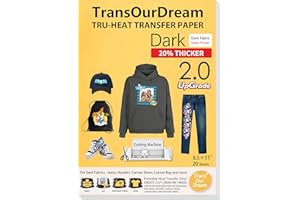 TransOurDream Iron on Heat Transfer Paper for Dark T Shirts & Fabrics (20 Sheets 8.5x11, Dark 2.0) Printable HTV Heat Transfer Vinyl for Inkjet Printer Iron on Transfers for T Shirts (TRANS-D2-7-20)