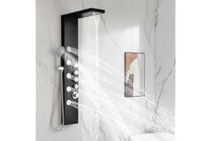 DELAVIN Shower Panel Stainless Steel Shower Tower Panel, Multi Function Shower Panel Tower System with Rainfall Waterfal, Full Body Shower System with Body Jets and Handheld Shower, Brushed Black