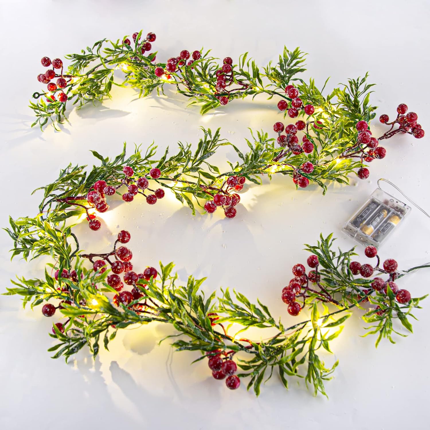 Wreaths, Garlands & Swags - 5.9FT Artificial Christmas Garland String Lights with 162 Snowy Red Berries 55 Green Leaves 20 LED Lights Battery Operated for Xmas Mantle Indoor Outdoor Holiday Christmas Thanksgiving Decoration