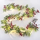 2 Pack Artificial Christmas Garland String Lights with 162 Snowy Red Berries 55 Green Leaves 20 LED Lights Battery Operated for Xmas Mantle Indoor Outdoor Holiday Christmas Decoration