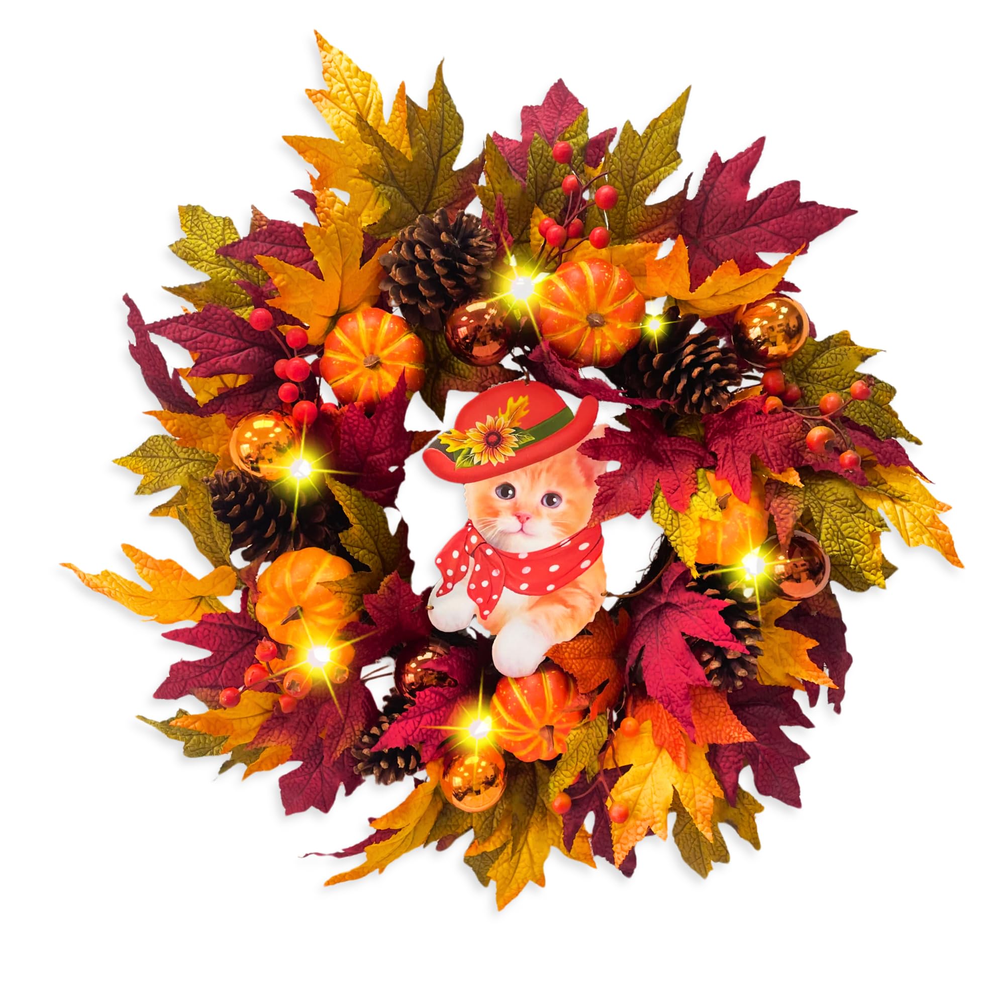 Photo 1 of 24" Fall Wreath with Pumpkins, Maple Leaves & Timer LED Lights – Autumn Front Door Wreath with Cute Cat Decor, Thanksgiving Harvest Decor for Indoor Outdoor