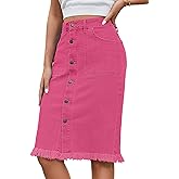 luvamia Women's Casual Mid Rise Button Down Frayed Raw Hem Denim Jean Midi Skirt