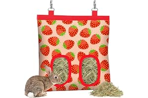 SKYJORMY Rabbit Hay Feeder,Bunny Hay Bag for Rabbits,Rabbit Feeder Fabric Bag Feeder Storage Bag,2 Holes 600D Oxford Cloth Fabric Hanging Hay Feeder Bag for Small Animal,Hay Guinea Pig(Strawberry)