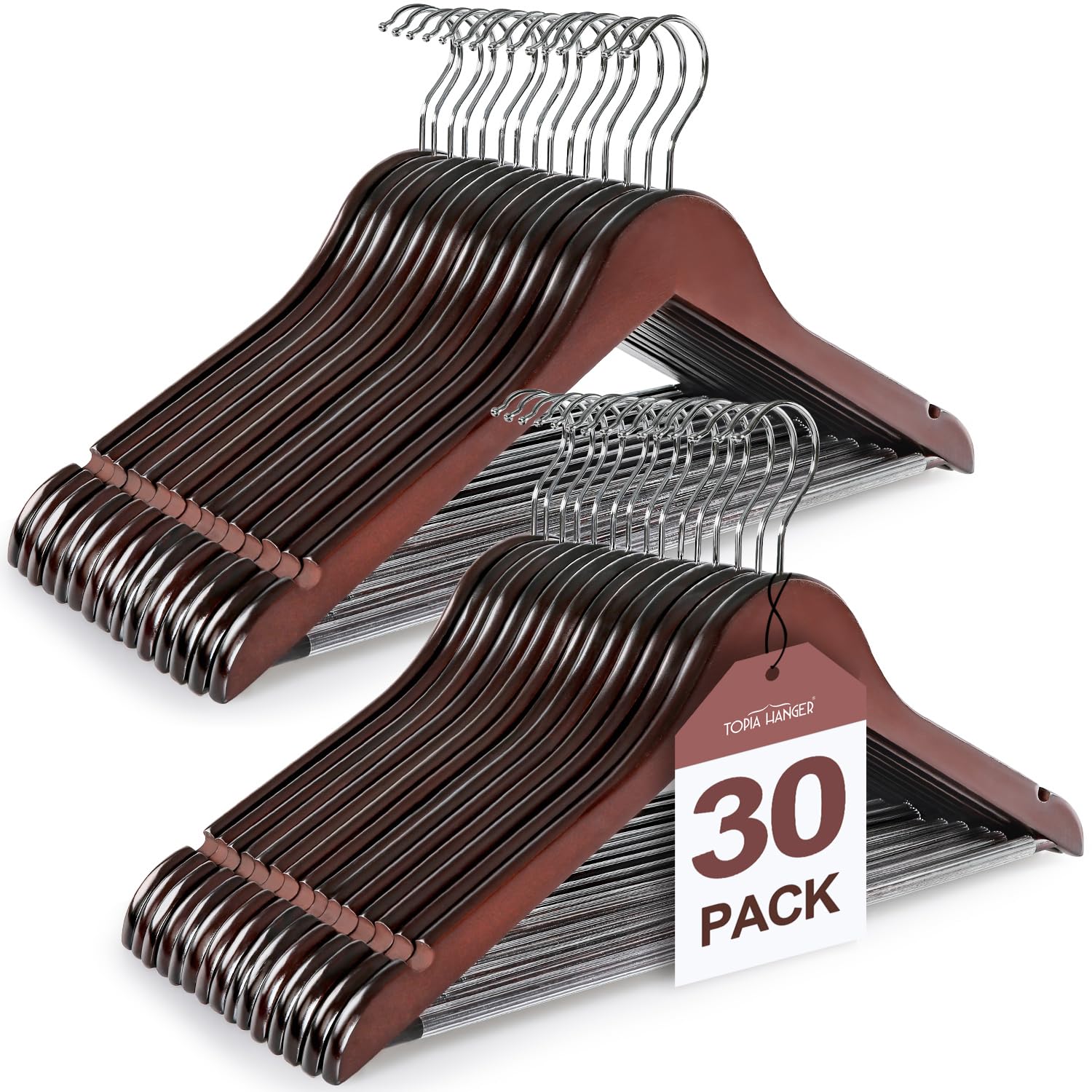 TOPIA HANGER Wooden Coat Hangers 30 Pack, Cherry Wood Suit Hangers with Non Slip Pants Bar, 360° Swivel Hook and Shoulder Notches for Camisole, Jacket, Pants, Smooth Finish Clothes Hangers - CT34M30