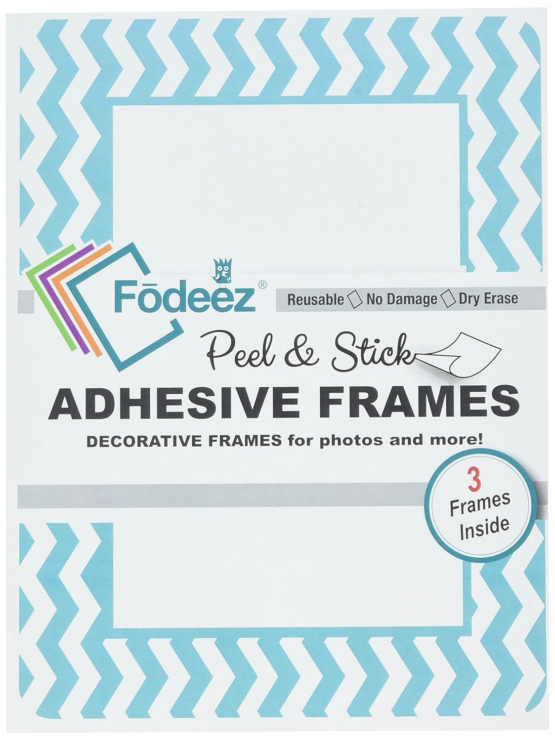 Fodeez Frames Peel & Stick Reusable Adhesive Picture Frames/Dry Erase Boards for Non-Magnetic Refrigerators, Solid Wood, Smooth Walls, etc, 4" X 6", Chevron Teal, Pack of 3 (FF-46-03-CHEV-TEAL)