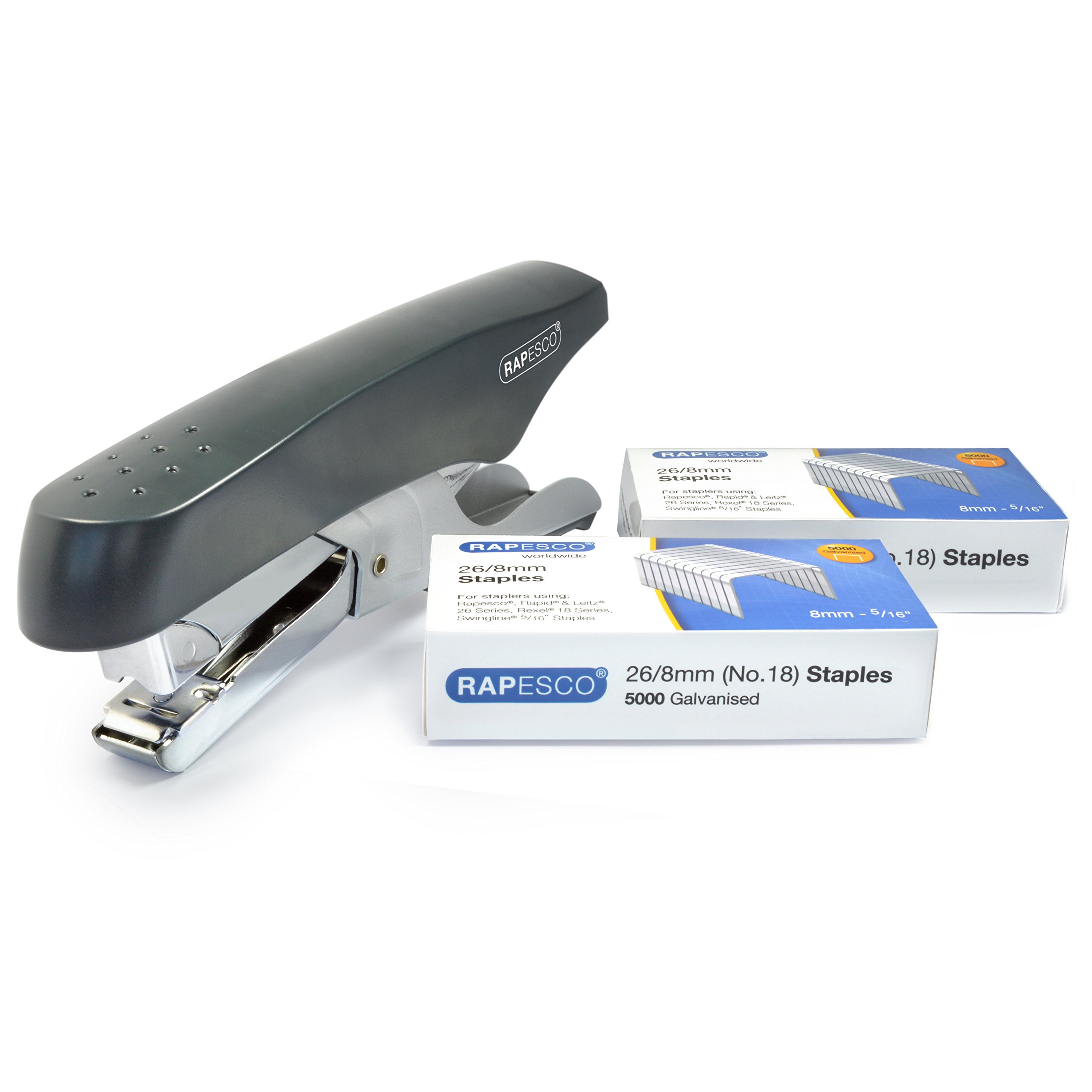 Rapesco 1297 ECOWhale Plier Stapler, 45 Sheet Capacity and 2 Boxes of 5000 x 26/8mm Staples, Grey