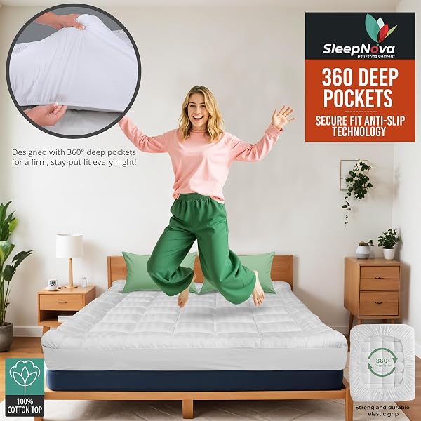 SLEEPNOVA’S COOLING MATTRESS TOPPER FULL – 100% COTTON PILLOW TOP THAT KEEPS YOU COOL, RELIEVES BACK PAIN & ADDS CLOUD-LIKE COMFORT WITH DEEP POCKET FIT (8”-21”), SOFT & MACHINE WASHABLE