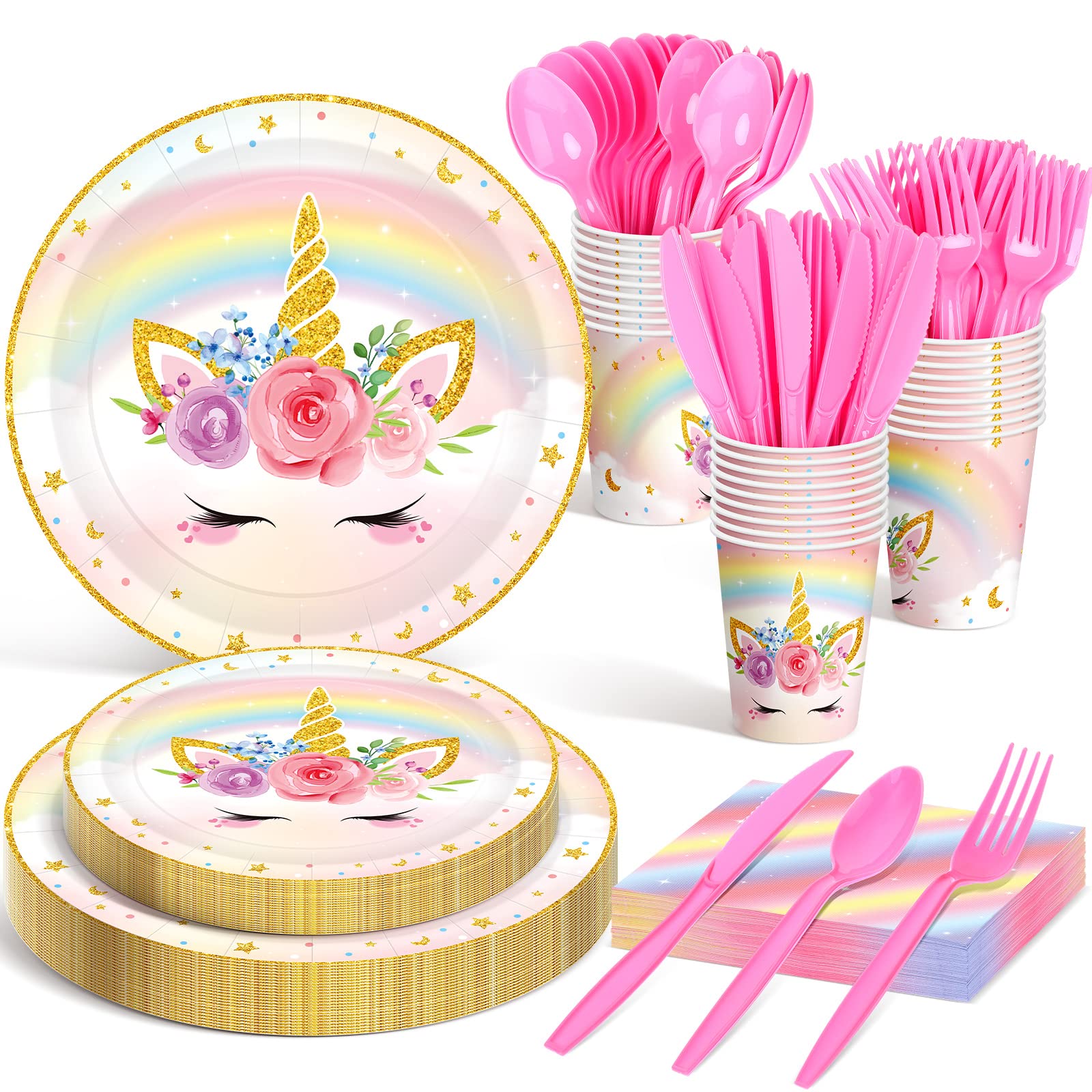 Photo 1 of Meanplan 168 Pcs Unicorn Party Tableware Supplies Set Include Rainbow Unicorn Paper Plates Napkins Cups Knives Forks Spoons for Girls Guests Birthday Baby Shower Party Favor Serves 24 Guests