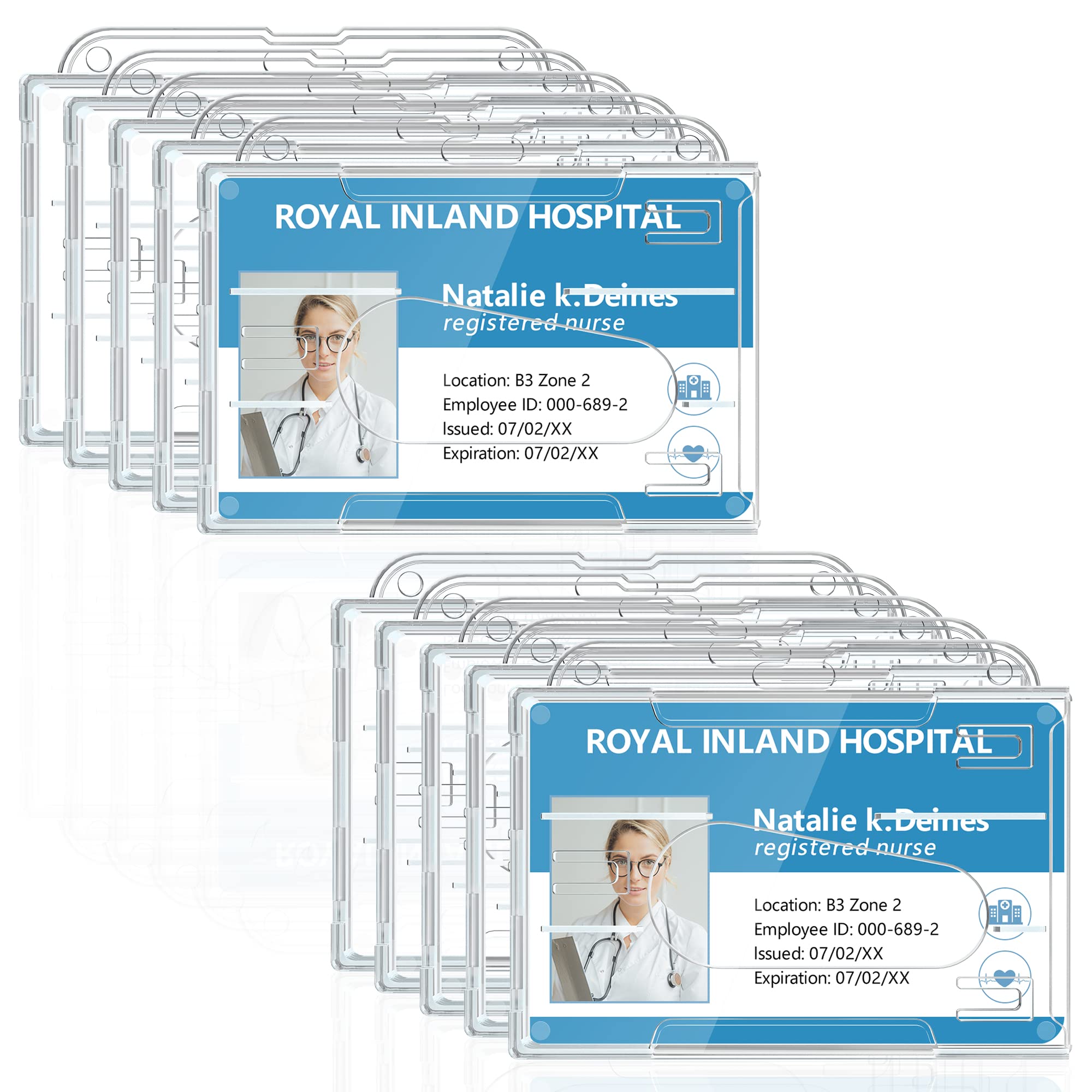 Teskyer 10 Pack ID Card Holders, Card Holder for Lanyard, ID Badge Holder, Transparent, Rigid, Plastic, for Office, Bus, Passes, Horizontal