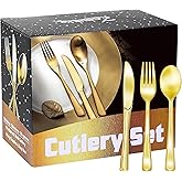 Zcaukya 200 Pieces Gold Plastic Silverware Set, Disposable Cutlery Set Including 100 Forks, 50 Knives and 50 Spoons, Eating Implements Flatware in Bulk for Dinner, Weddings and Birthday Parties