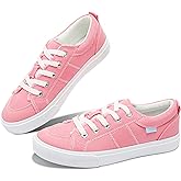 Obtaom Women's White Play Fashion Sneakers Cute Lace up Canvas Shoes Low Top Washed Canvas Flat for Lady