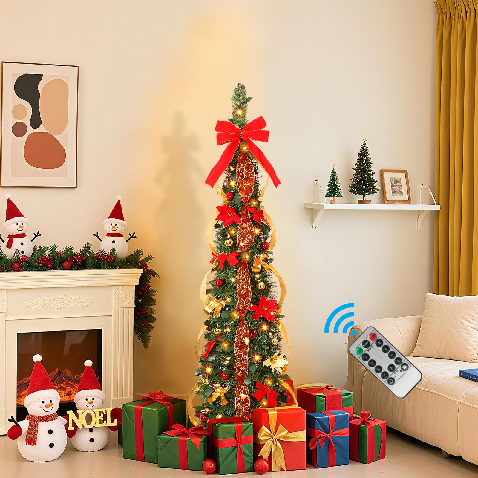 Photo 1 of **MISSING THE BASE** 5ft Pop Up Prelit Pencil Artificial Christmas Tree with Remote Control, Slim Collapsible Christmas Tree Pre-Decorated Red&Gold Decorations, Pre-Lit Warm White&Multi-Color Lights for Xmas Decor, 5 FT