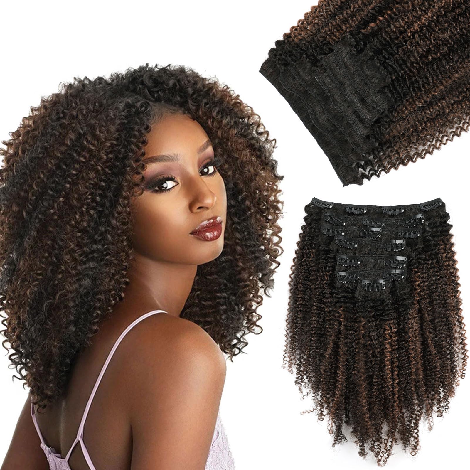 Yuniffe Afro Curly Clip in Hair Extensions for Black Women Real Human Hair Extensions Clip ins Afro Curly Root Black to Natural Black With Chocolate Brown Double Weft Remy Afro Hair 12 Inch 7Pcs 120g — image 1