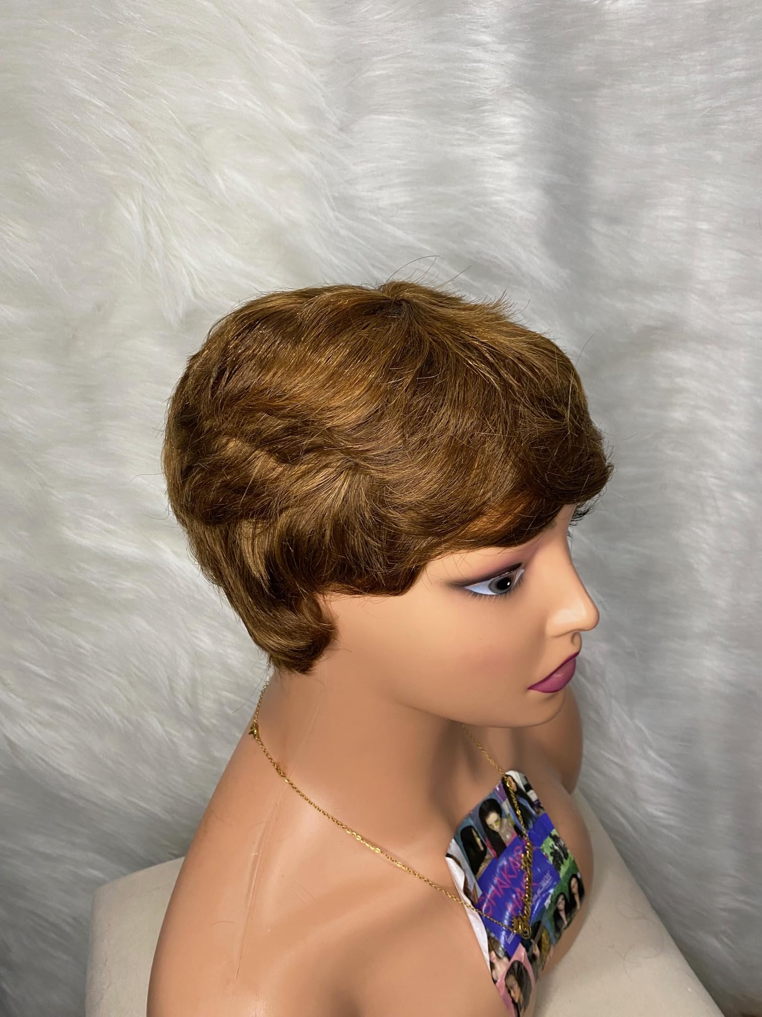 Human hair Pixie cut Wig 100% Brazilian human hair Skull Cap Glueless easy-to-wear wig (Brown&Blonde highlights(Piano))