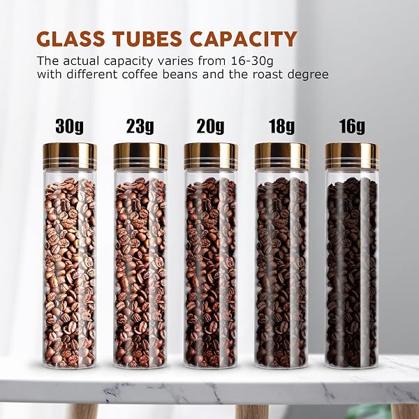 FAMIWARM GLASS COFFEE BEANS STORAGE CONTAINERS, 10PCS SINGLE DOSE COFFEE BEAN STORAGE TUBES WITH WOODEN DISPLAY STAND AND FUNNEL FOR STORAGE SPICES, HERBS, COFFEE BEANS OR CANDY