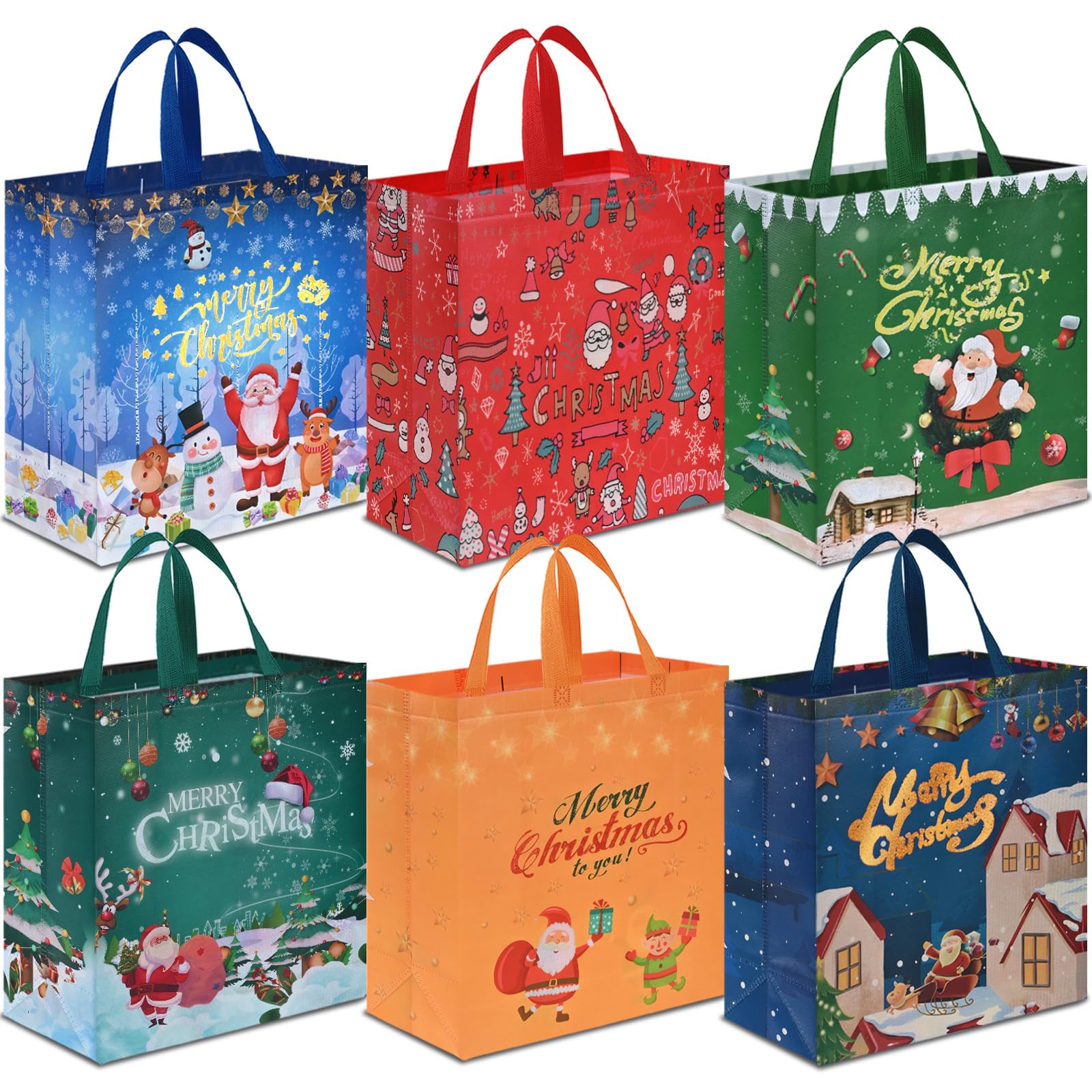 AhfuLife Extra Large Christmas Bags for Gift, 38 x 35 x 15cm, 6pcs Xmas Gift Tote Bags with Handles, Reusable Multipack Non-woven Christmas Treat Shopping Bags, Xmas Party Favor Bags Decorations