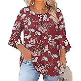 Rapbin Plus Size Tops for Women 3/4 Ruffle Sleeve Crew Neck Button Down Pleated Blouses Casual Fashion Tunic (1X-5X)
