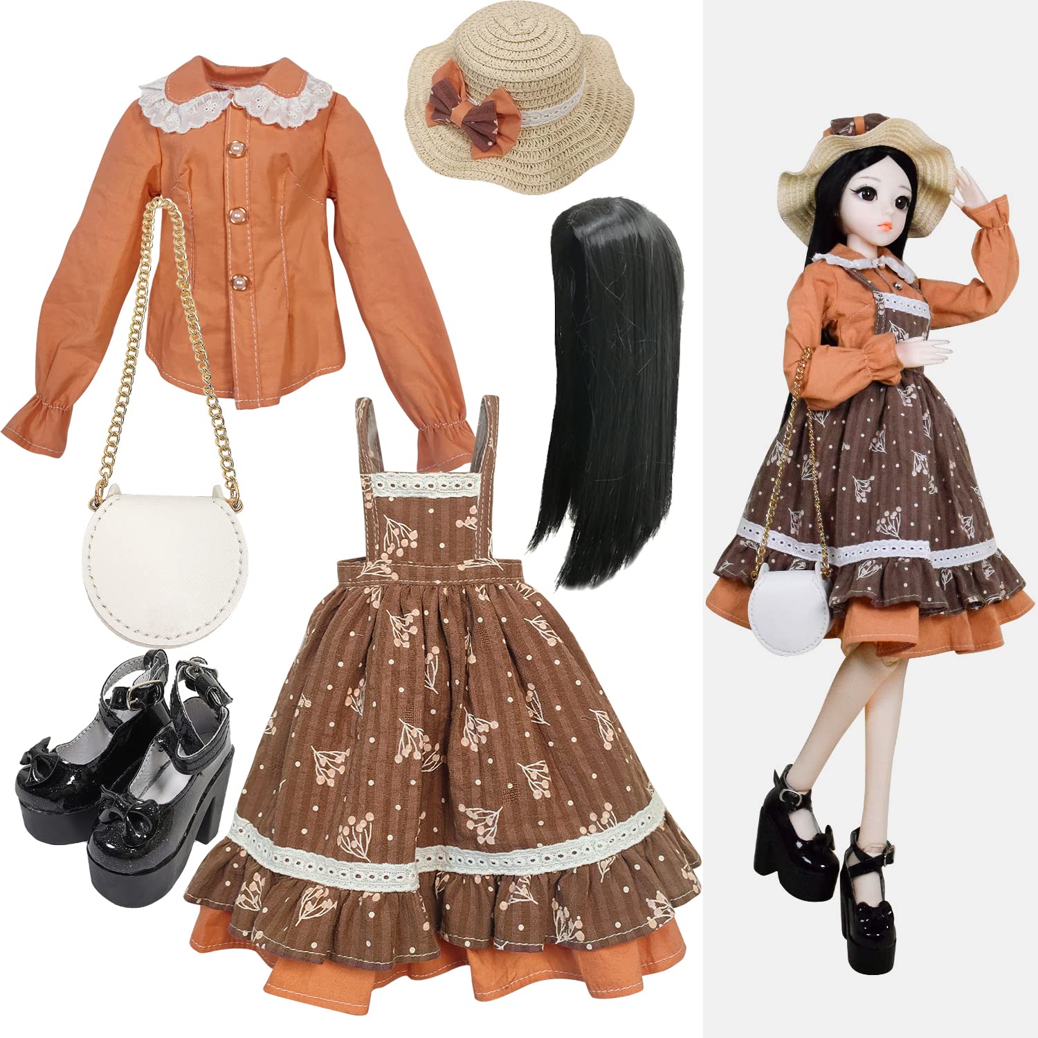 Proudoll 1/3 BJD Doll Clothes Outfit Set - Handcrafted Stylish Brown Floral Strap Dress, Blouse, Hat, Wig, Crossbody Bag and High Heel, Compatible with 1/3 60cm 24in SD Dolls