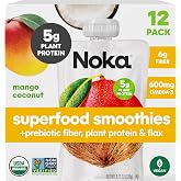 Noka Organic Superfood Smoothie Pouches, Mango Coconut + Prebiotic 12pk | Plant Protein, Flax Seed, No Added Sugar, Vegan, Gluten Free, Prebiotic Fiber for Gut Health, Organic, Shelf Stable
