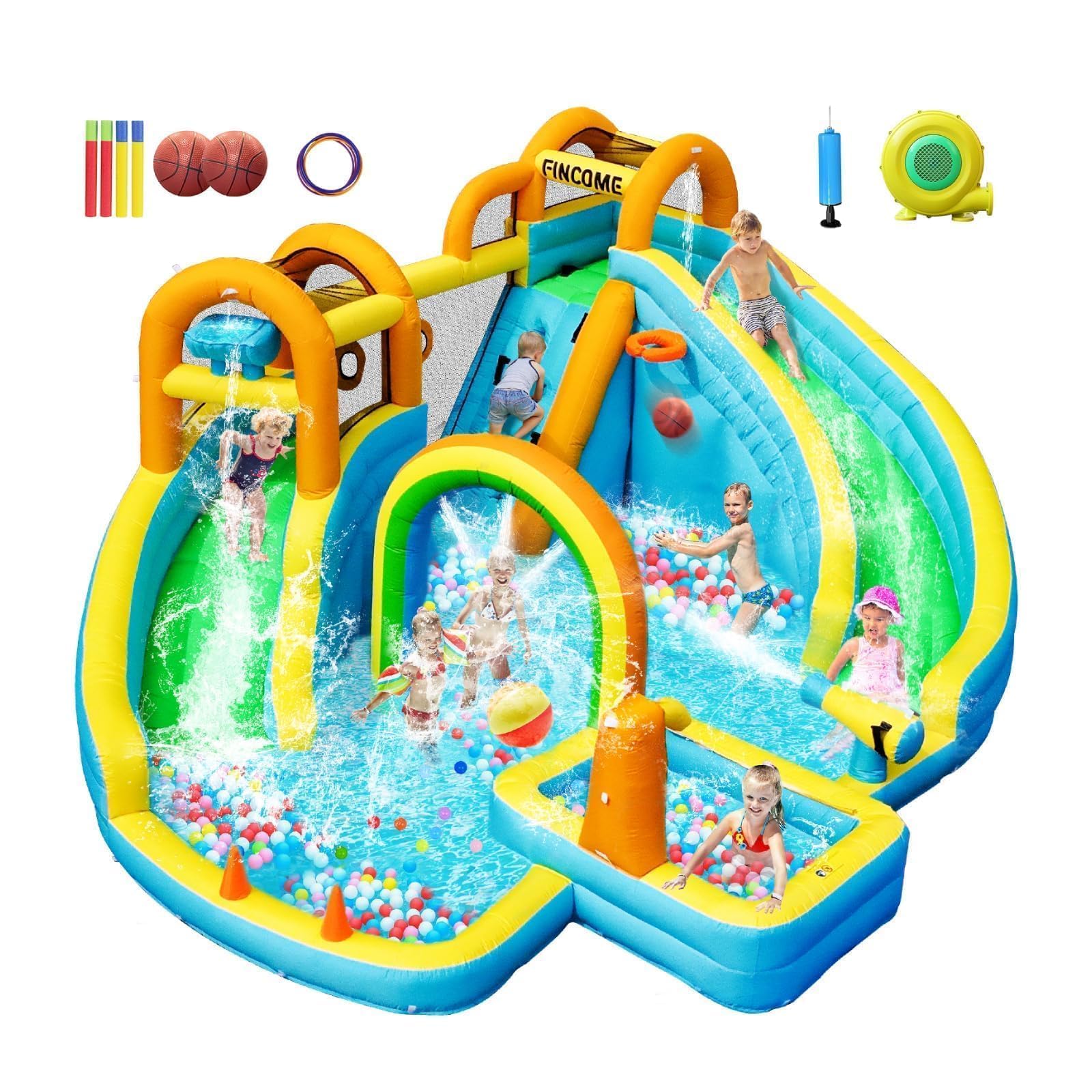 Photo 1 of FINCOME Inflatable Water Slide, Bounce House with 2 Slide for Kids, Inflatable Waterslide Park with Splash Pool, Basketball Hoop, Ball Shooting & Water Cannon for Backyard, Outdoor, Indoor