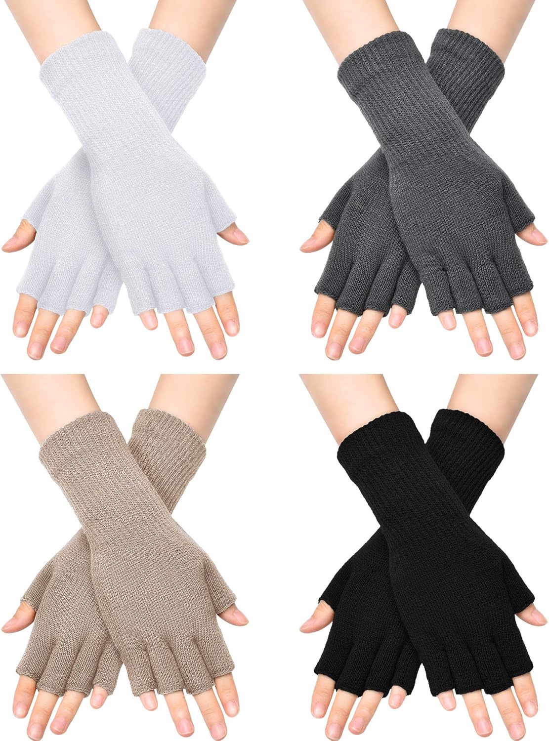 Unisex Half Finger Gloves Winter Stretchy Knit Fingerless Typing Gloves (Black, White, Dark Grey, Light Tan, 4) at  Women’s Clothing store