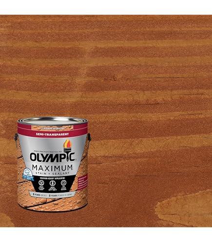 olympic tobacco stain Elite 5 Gallons ST-2023 Rustic Cedar Semi-Transparent Exterior and Sealer in One Low VOC MAXIMUM Stain + Sealant In