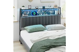 VINGLI Full Size Headboard with 2 Shelves, Adjustable Upholstered Headboard with Pegboard, Charging Stations and LED Lights, Modern Bed Headboard with Storage for Bedroom Decor, Dark Gray