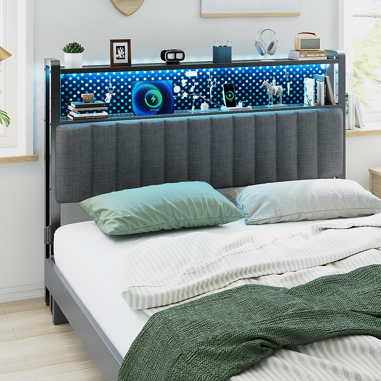 VINGLI Queen Size Headboard Only, Adjustable Upholstered Headboard with 2 Tier Shelves and Pegboard with Charging Stations and LED Lights, Modern Bed Headboard with Storage for Bedroom Decor