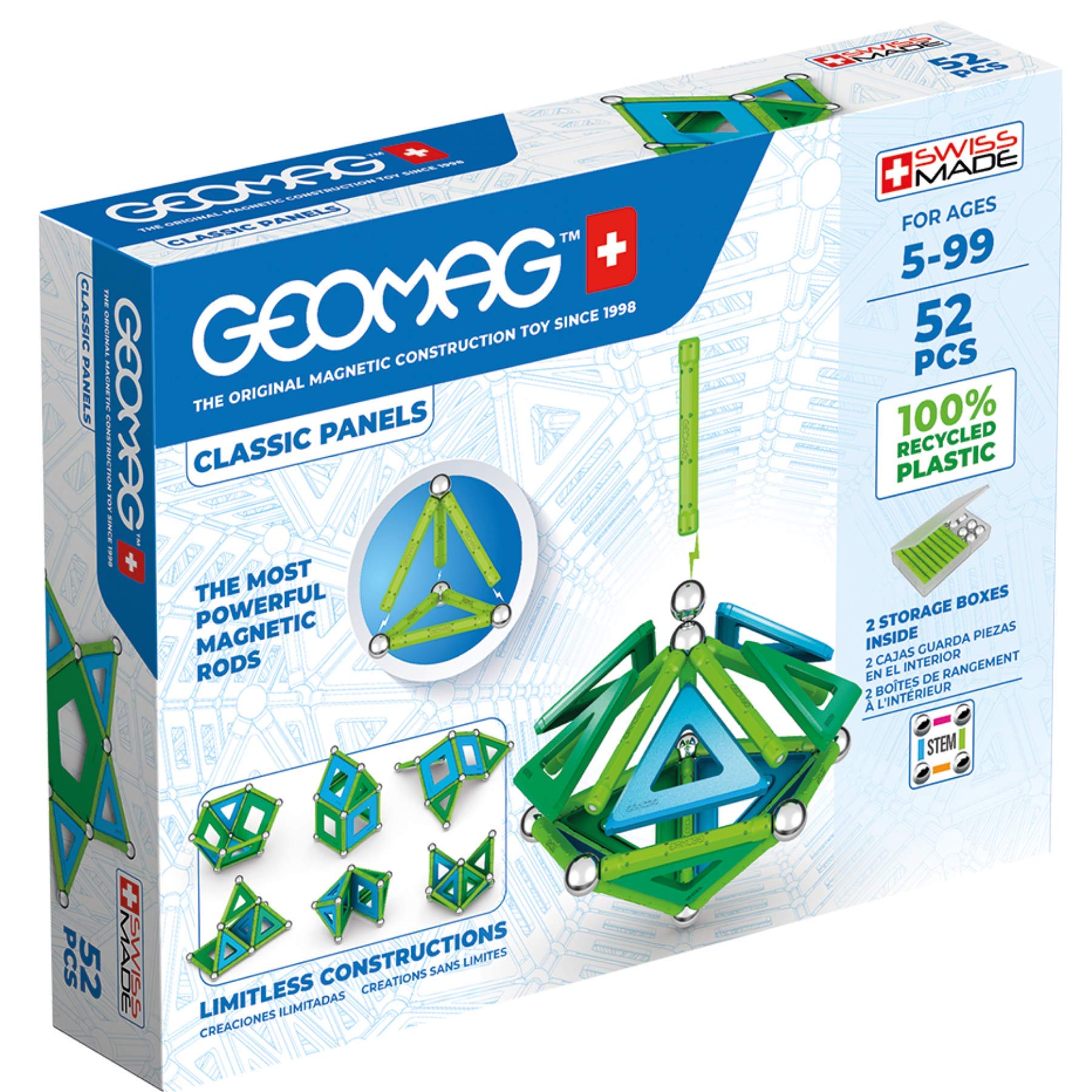 Geomag Magnetic Toys | Magnets for Kids | STEM-Endorsed Educational Building Set Made from 100 Percent Recycled Plastic | Storage Box | Age 5+ PANELS 52-Piece
