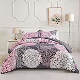 Koniroom 3PCS Pink and Grey Comforter Set King Size, Floral Bedding Sets King with Pink Cute Flowers Pattern Printing, Reversible All Season Comforter with 2 Pillow Shams