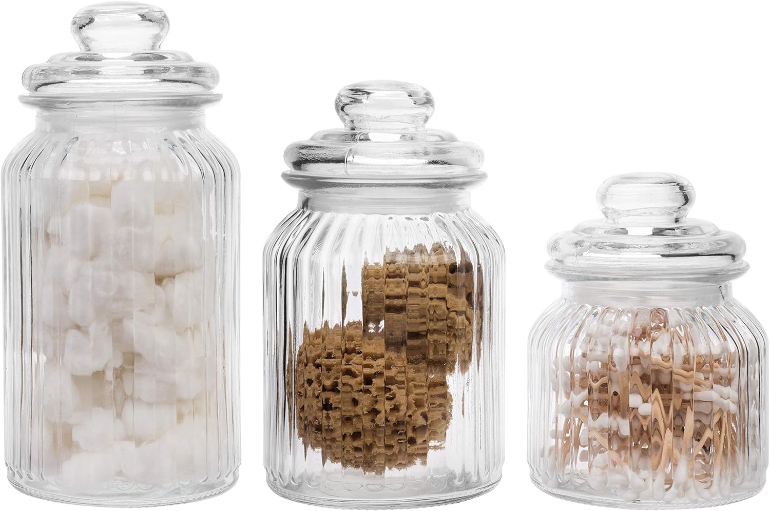 MyGift 22oz / 32oz / 44oz Vintage Ribbed Glass Apothecary Jars, Storage Canisters with Airtight Lids, Set of 3: Home & Kitchen
