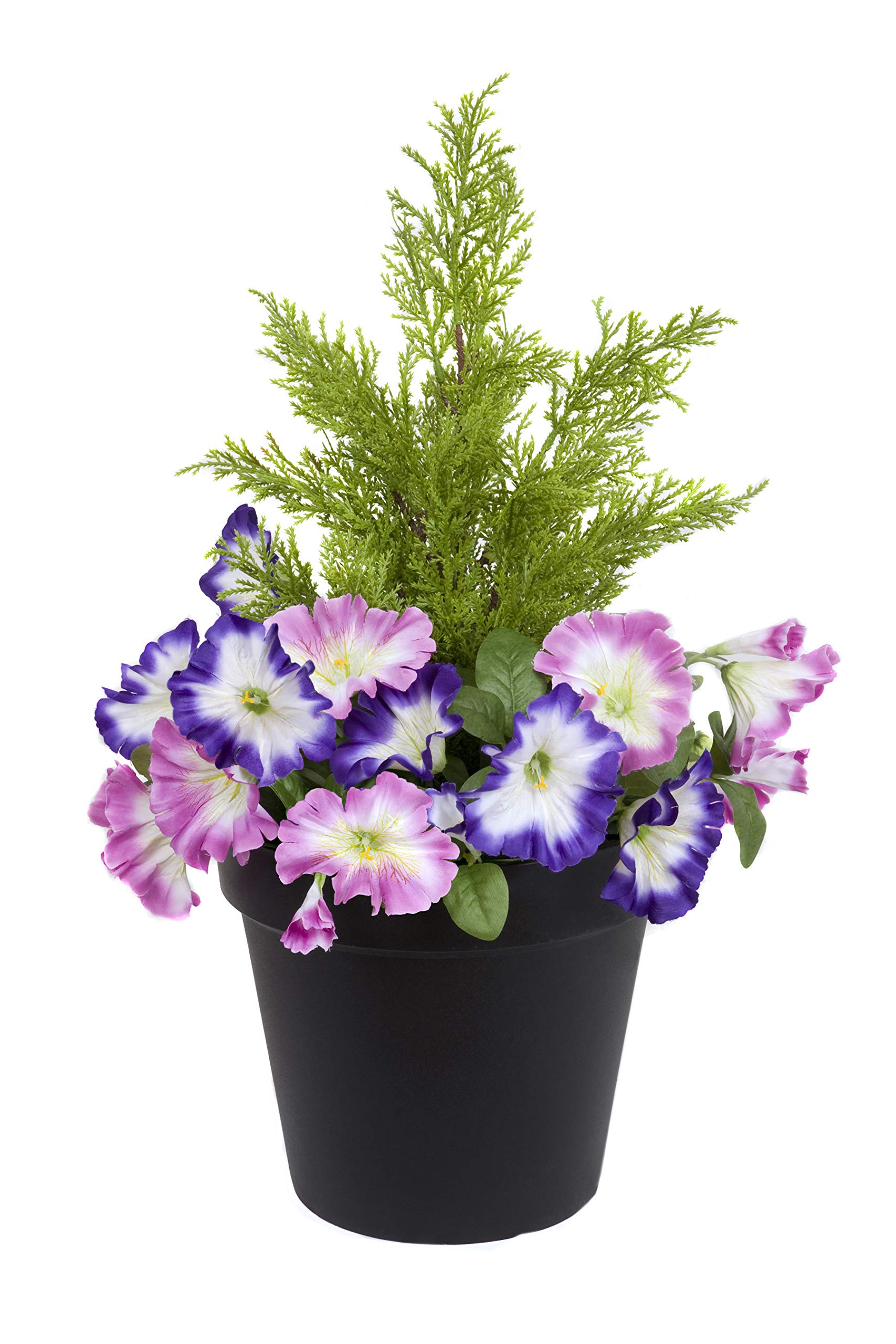 GreenBrokers Pink & Purple Artificial Black Plastic Patio Planter Petunias and Cedar Topiary