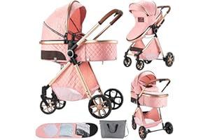 SUTTONBEBE 2 in 1 Baby Stroller Reversible Portable Standard Stroller Convertible Pushchair Infant Buggy Baby Carriage Foldable High Landscape Pram for Toddler Newborn (225 Pink)
