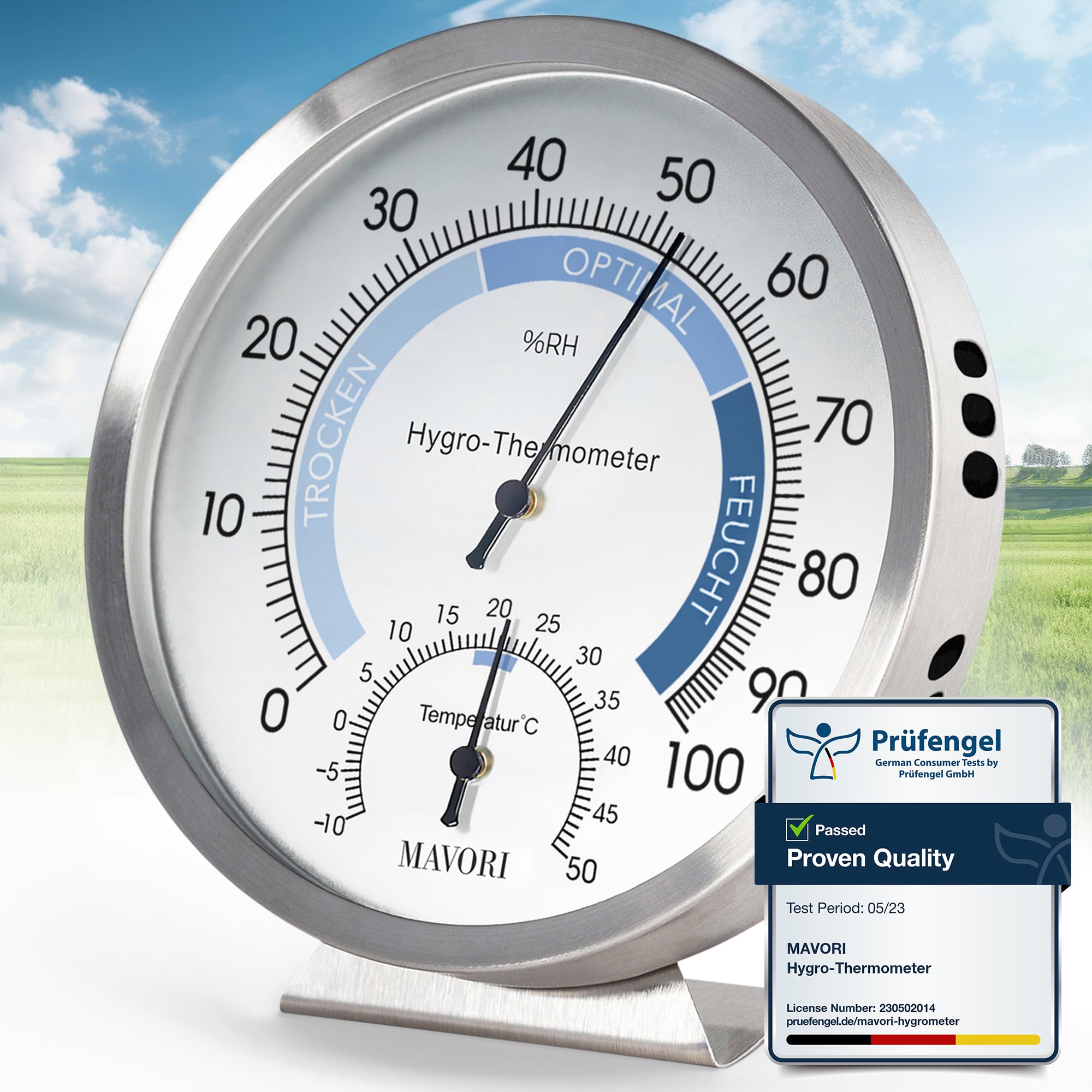 MAVORI Analog Hygrometer – Thermometer Hygrometer for Indoor – Premium Stainless Steel Humidity Gauge Indicator – Mechanically Operated Temperature and Humidity Monitor – High Accuracy