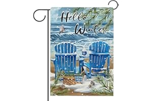 Hzppyz Hello Winter Blue Sea Chairs Garden Flag Double Sided, Beach Ocean Pine Tree Coastal Decorative Yard Outdoor Home Small Decor, Basket Bird Snow Nautical Burlap Outside House Decoration 12 x 18