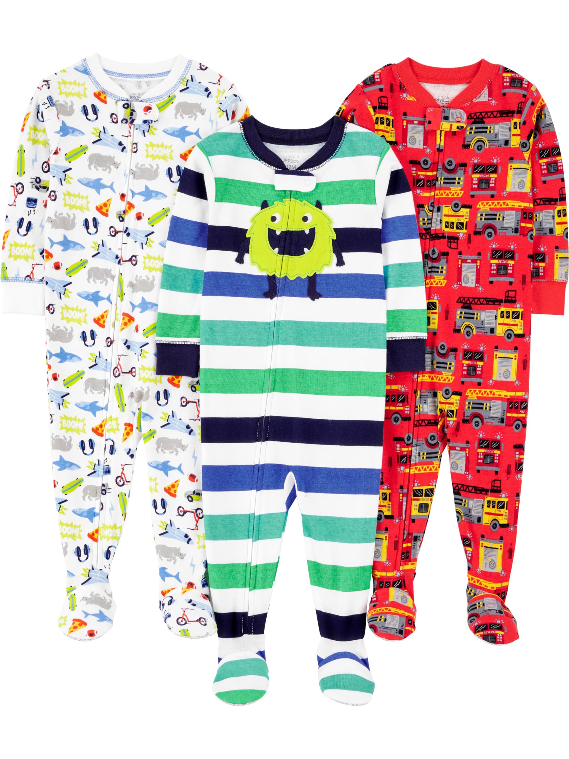 Photo 1 of Simple Joys by Carter's Baby Boys' 3-Pack Snug Fit Footed Cotton Pajamas, Red Firetruck/White Sharks/Monster, 5T