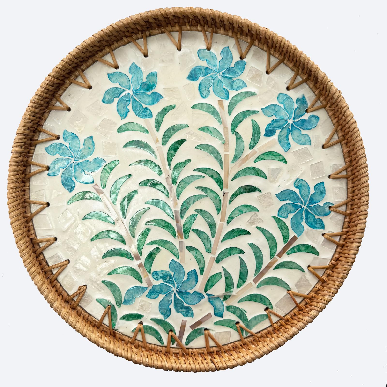 Photo 1 of 11.8 inch Round Rattan Serving Tray with Mother of Pearl Inlay Wicker Platter Coffee Tray for Coffee Table Decor Coastal Boho Kitchen Storage Display Decorative Basket Food Tray Handmade Wall Decor